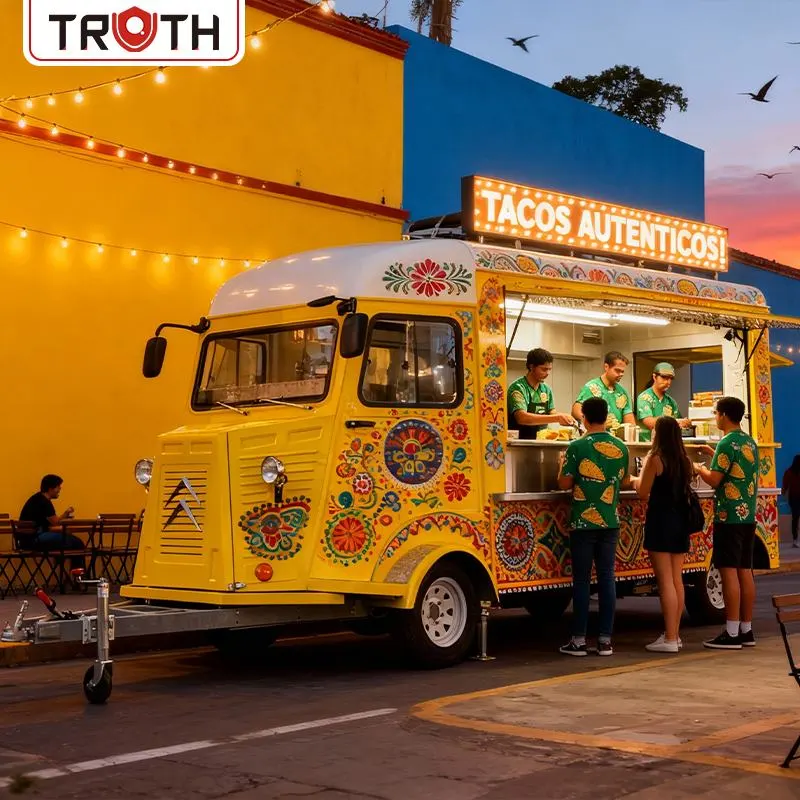 Mobiler, elektrisch antreibbarer Lebensmittelanhänger für Tacos